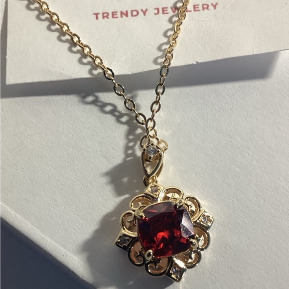 10k Gold Plated Cushion Cut Prong Set Simulated Red Ruby(Cz)Pendant Necklace - Picture 12 of 16